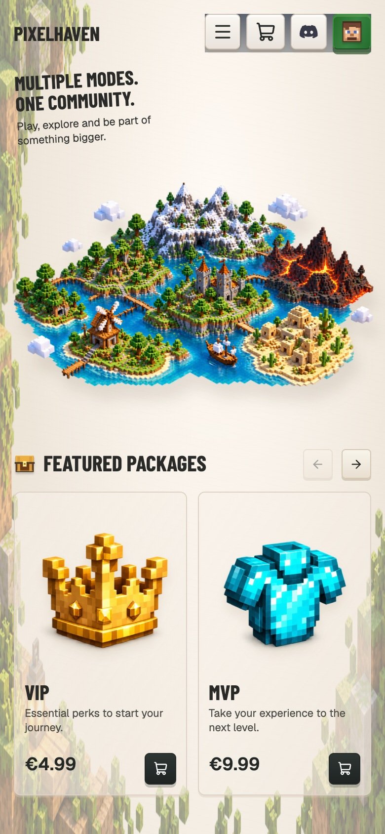 Mobile home — actual Pixelhaven interface with sample data