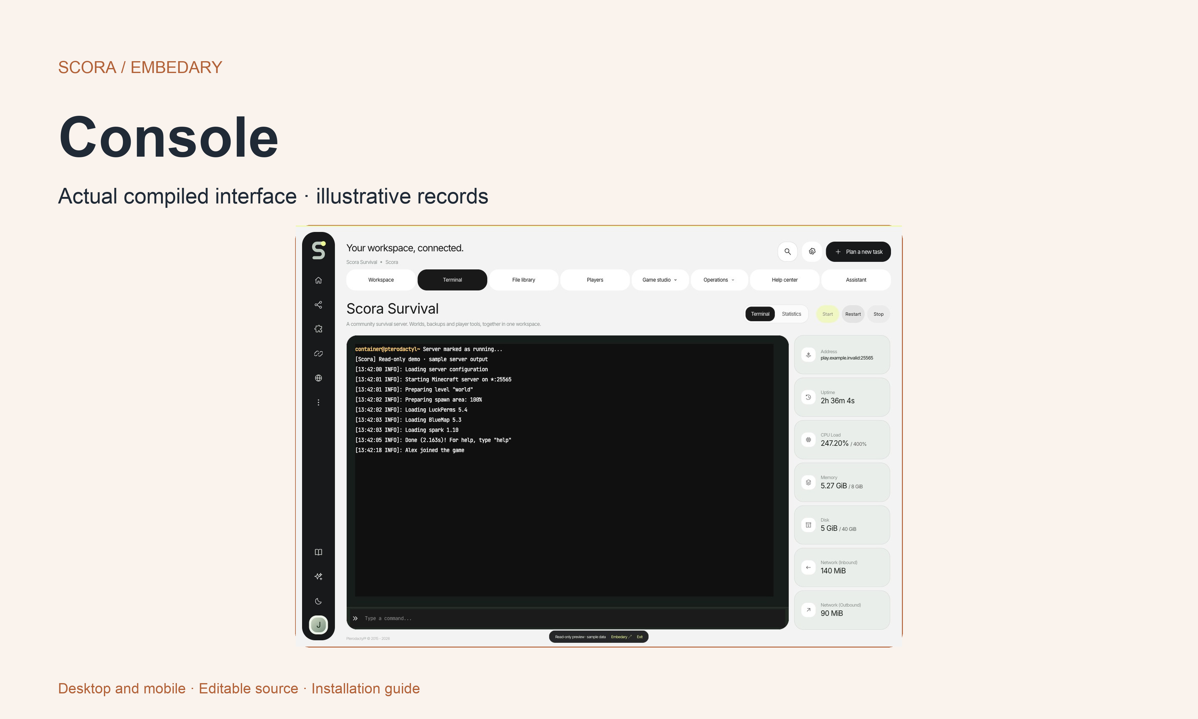 Scora terminal, native resource readings and server power controls.