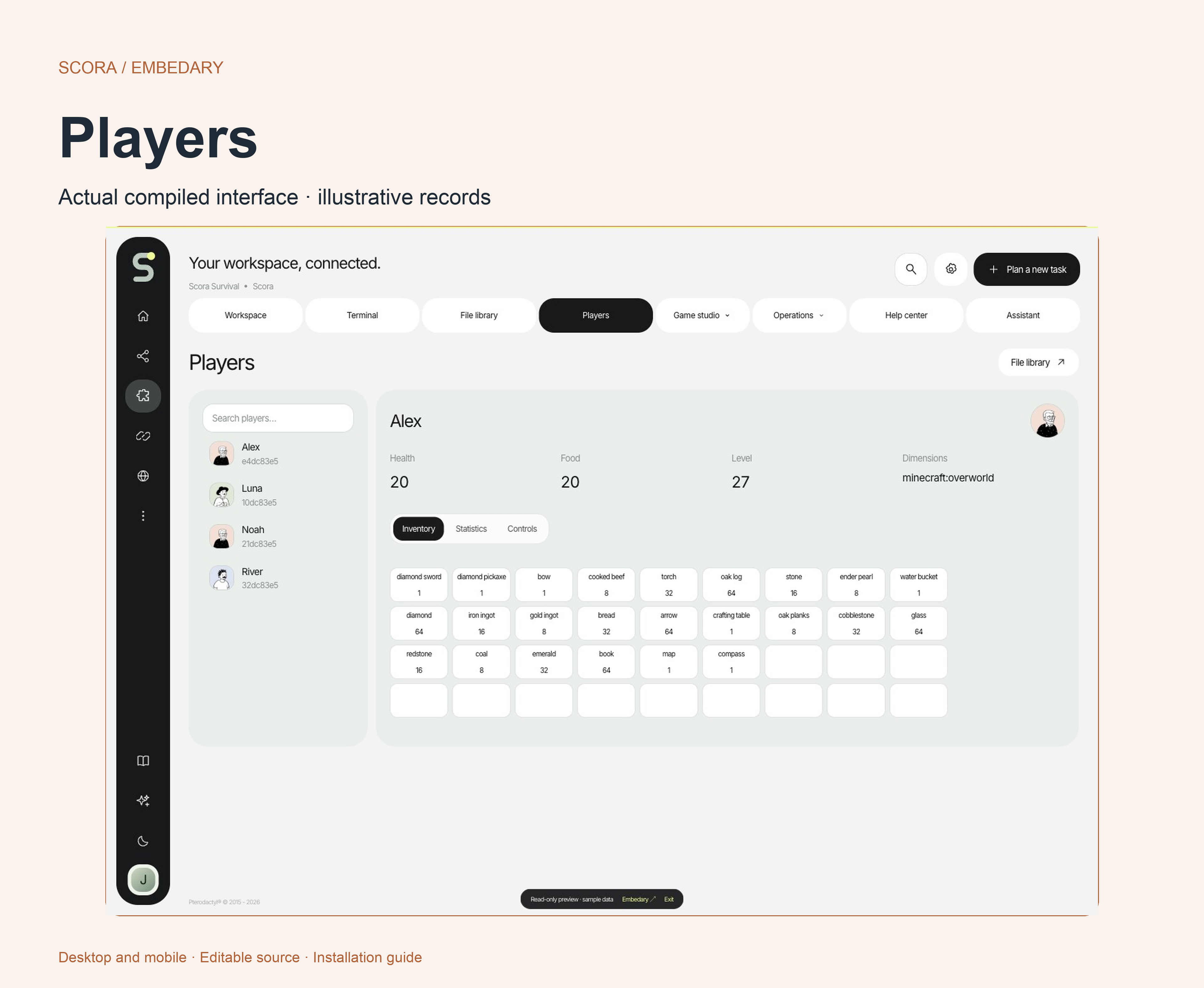 Scora Minecraft Java player workspace, saved inventory and player information.