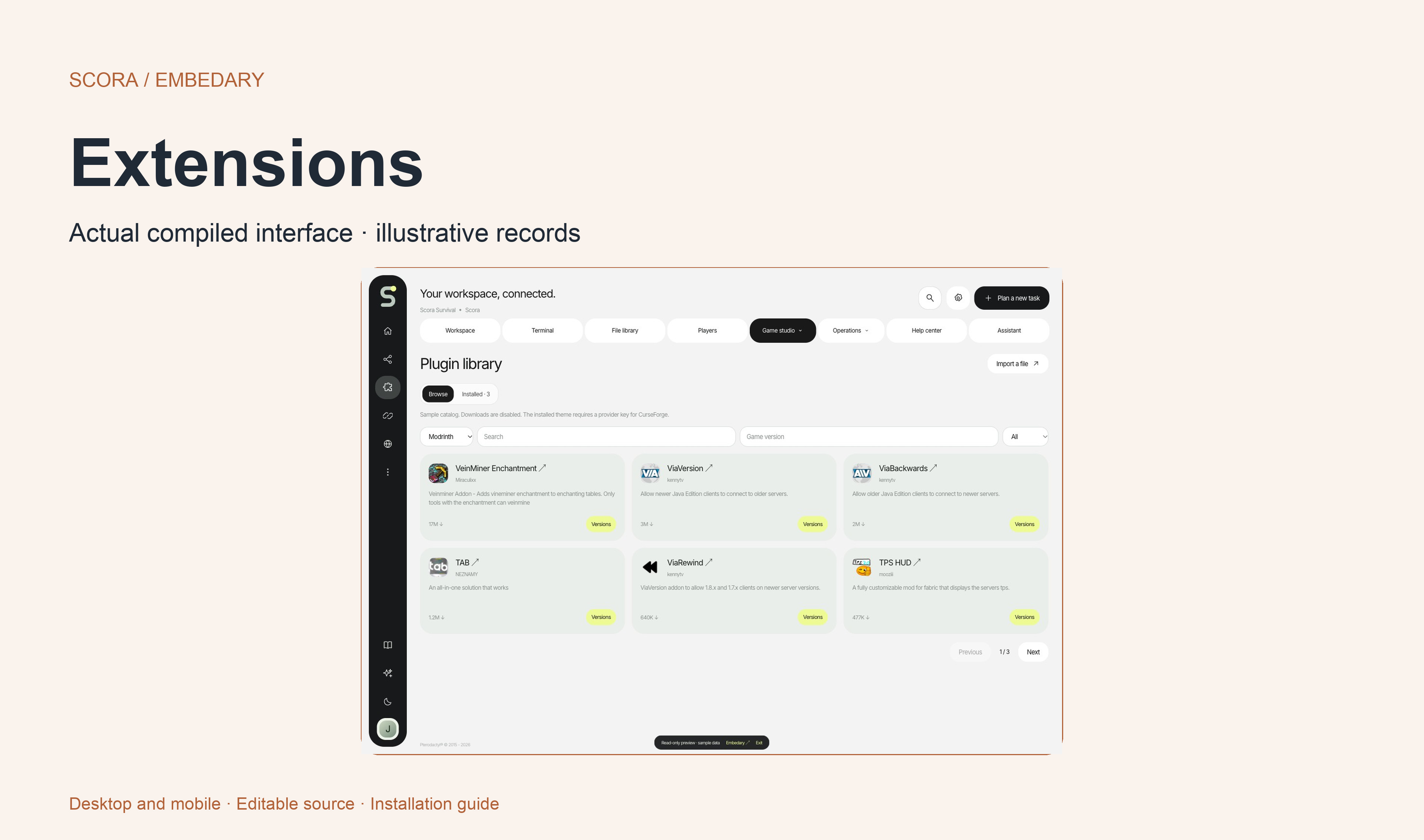 Scora plugin library with catalog browsing and installed-file views.