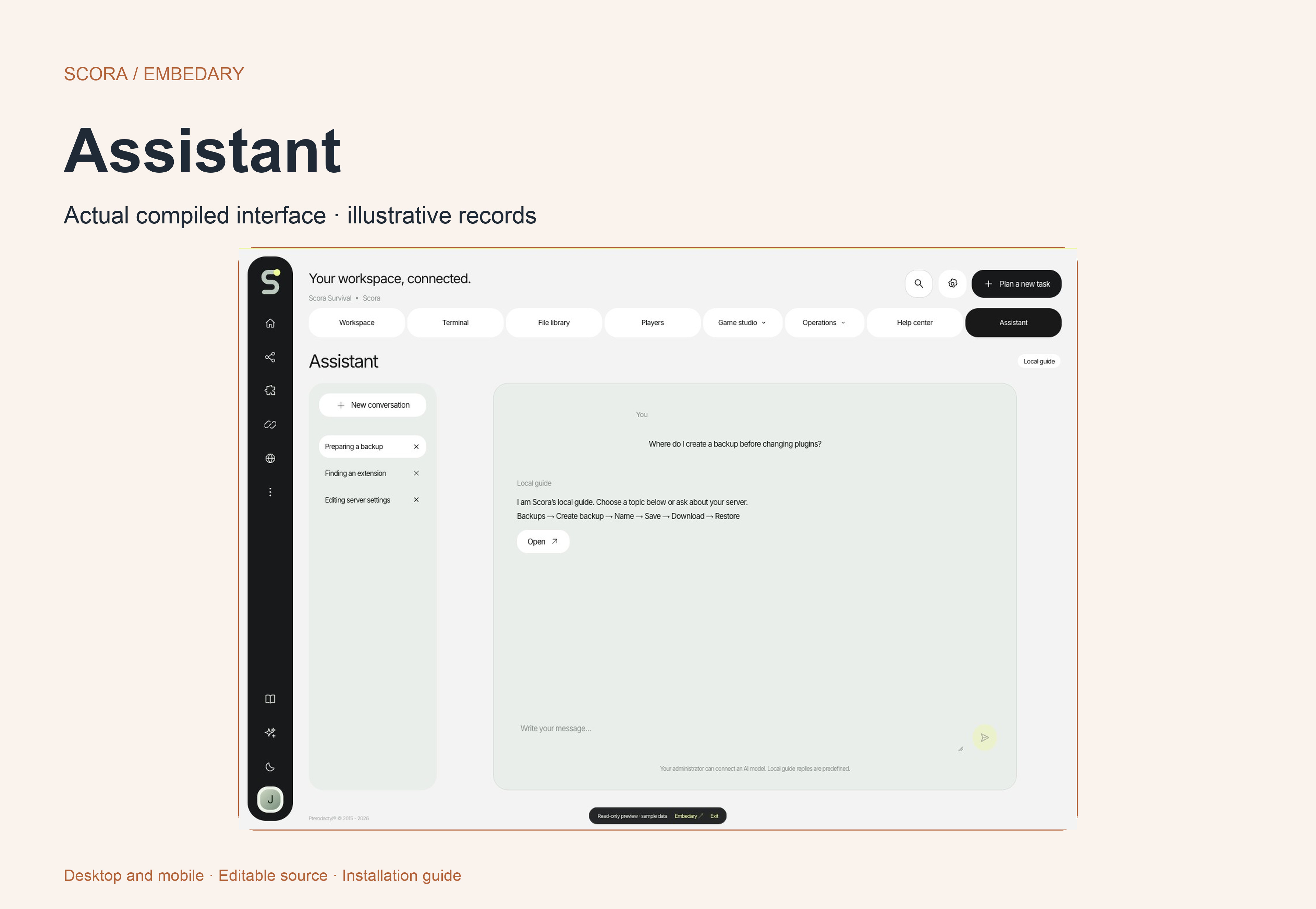 Scora private assistant conversations, included guide and optional OpenAI configuration.