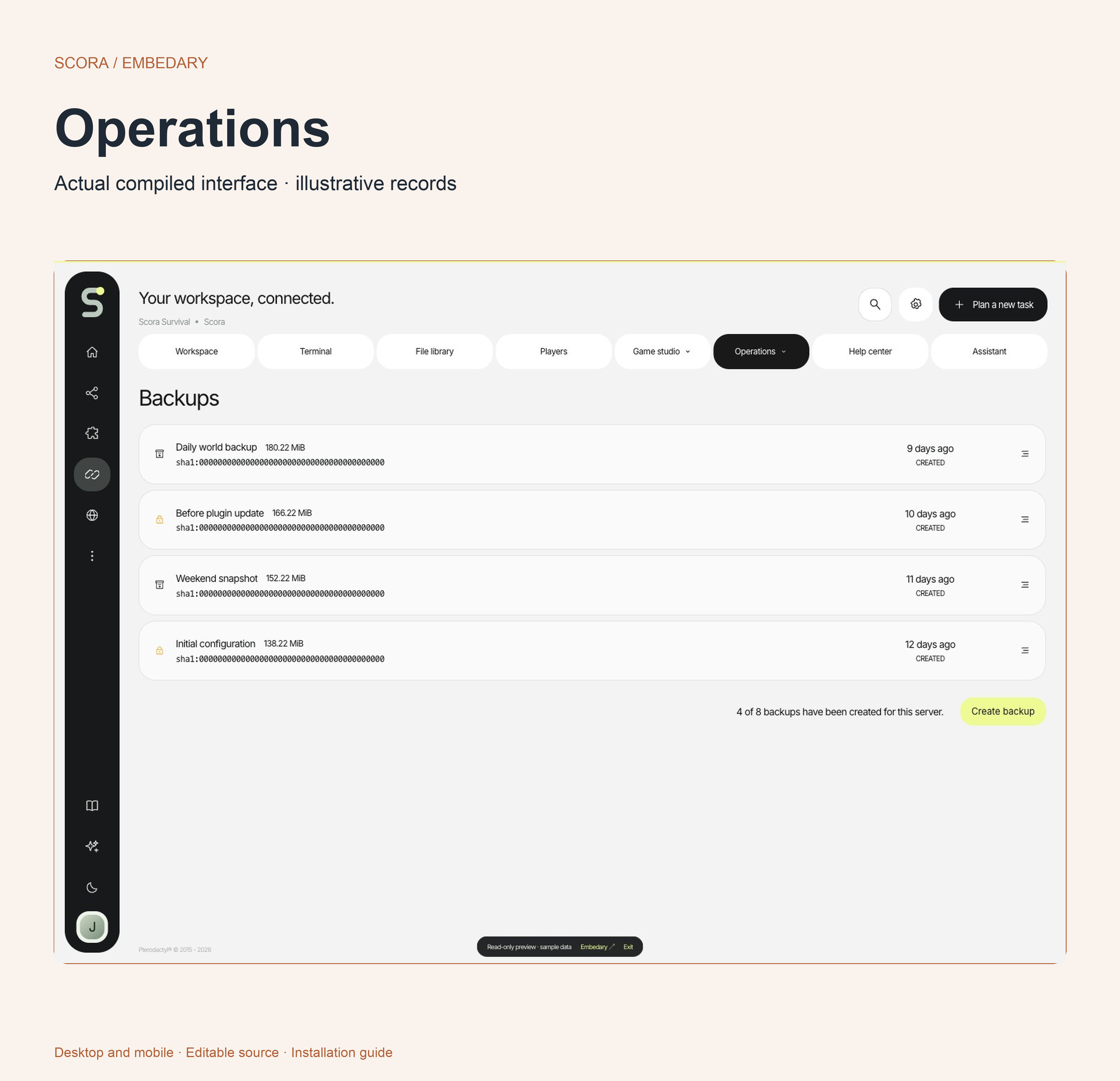 Scora native backups, schedules, server activity and encrypted secrets.