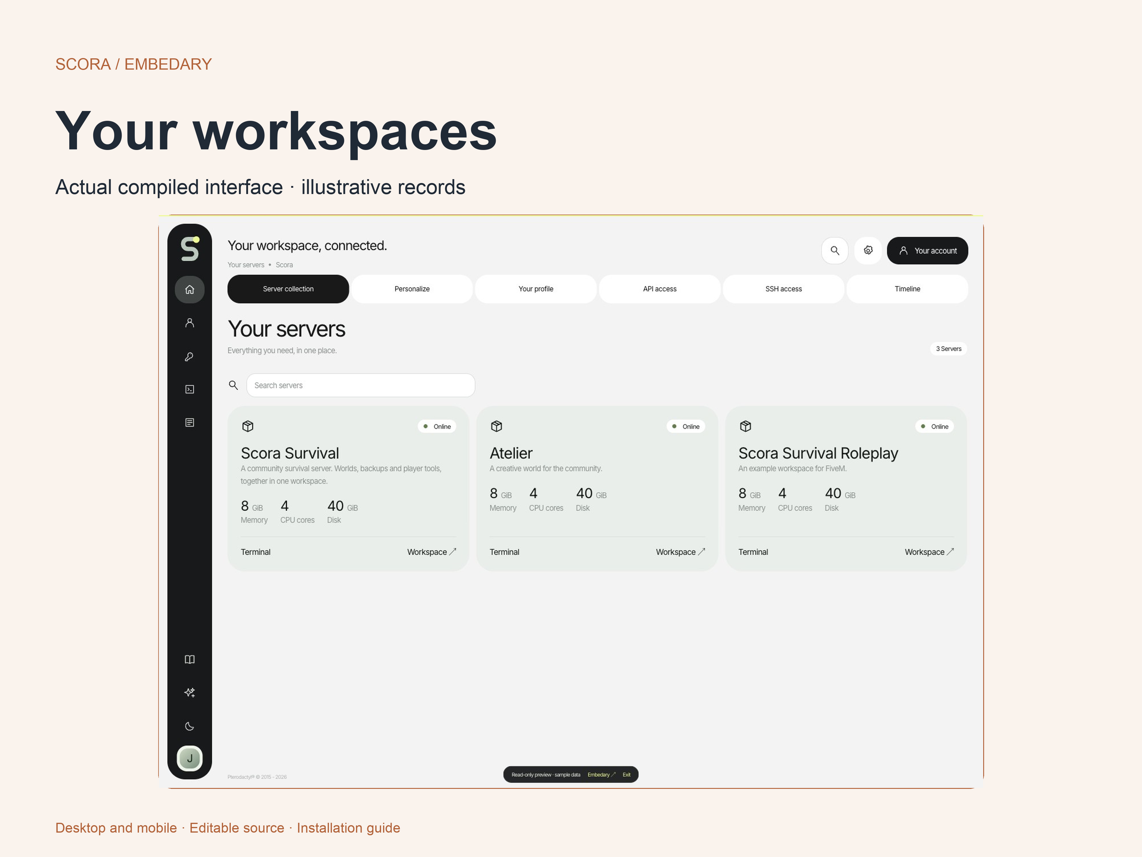 Scora game workspaces for Minecraft Java, FiveM and optional CurseForge catalogs.