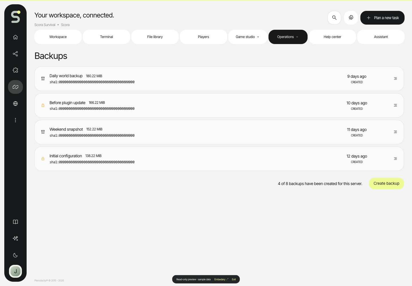 Scora — Backups · sample data