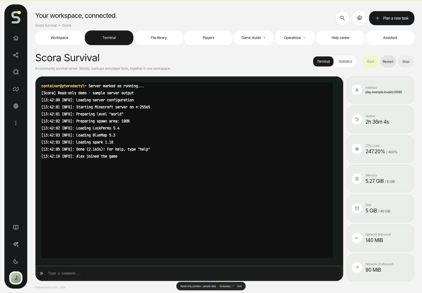 Scora — Terminal · sample data
