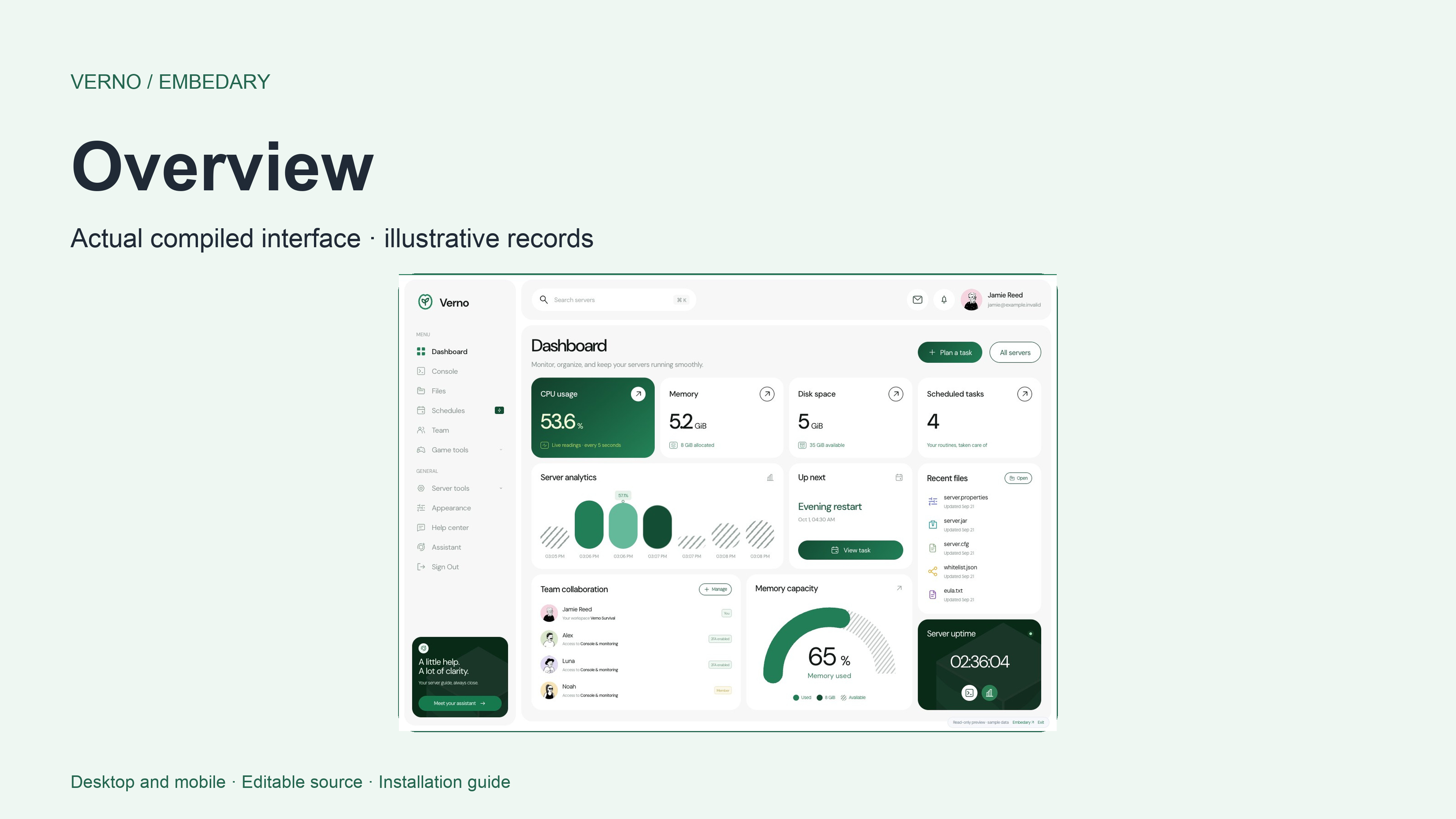Verno — Your servers, a little clearer. A preview of the white and forest-green workspace.