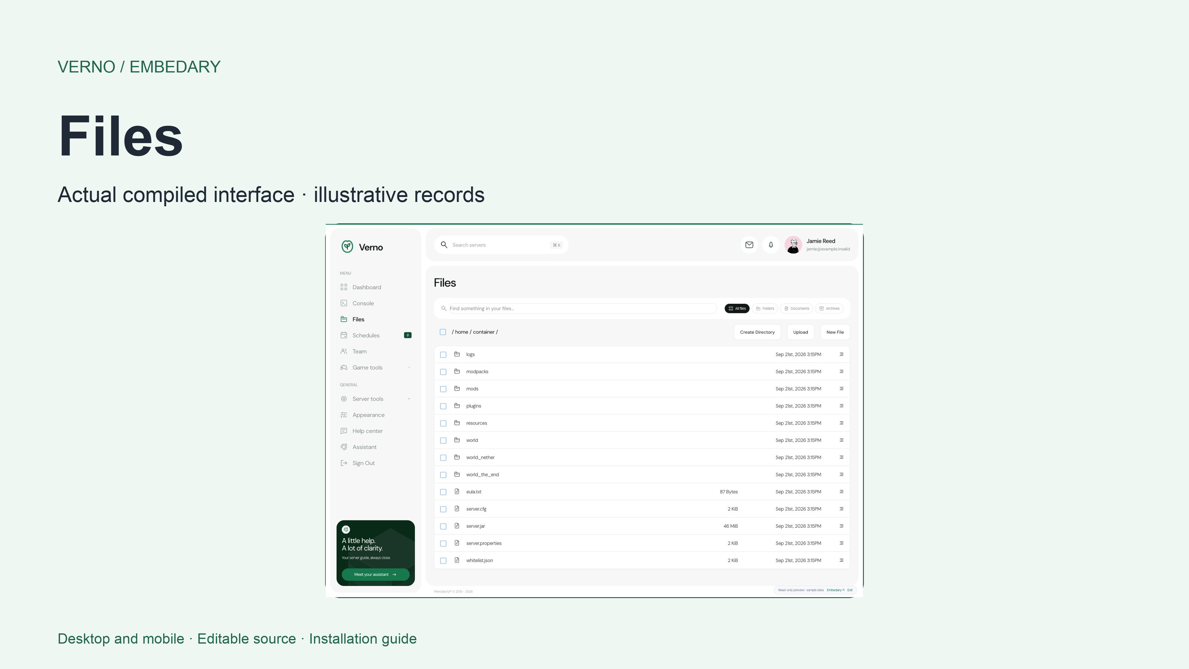 Verno file library with a search field, type filters, folders and native file operations.