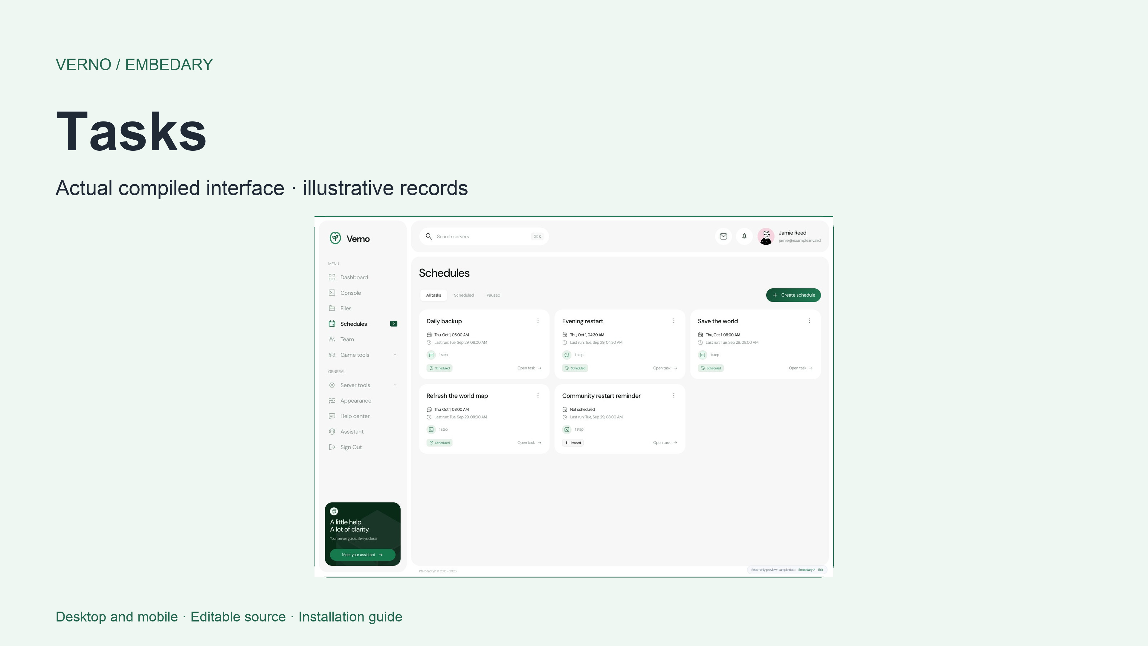 Verno scheduled task cards with timing, status, next run and contextual actions.