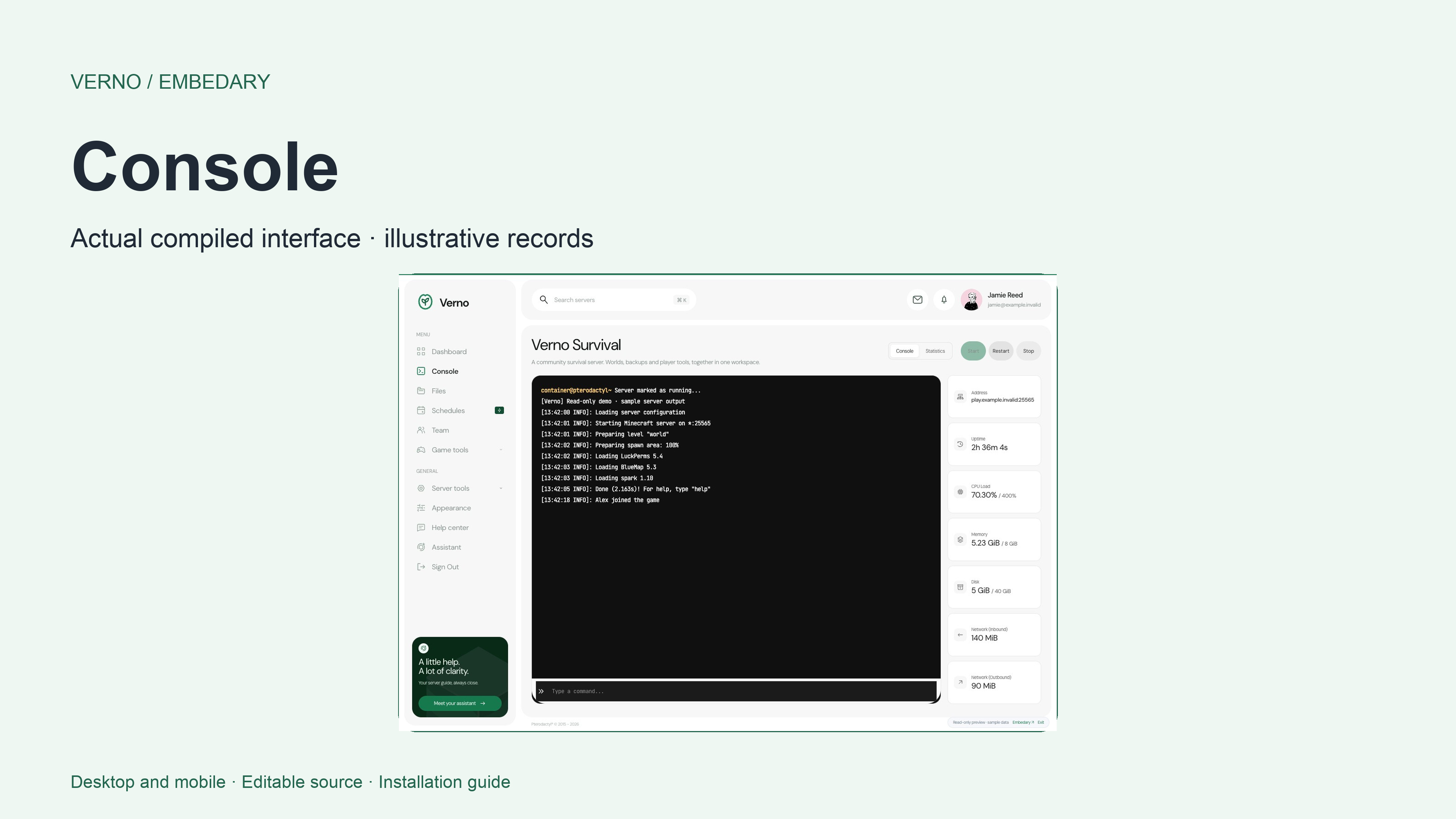 Verno native-style console workspace with resource readings and power controls.