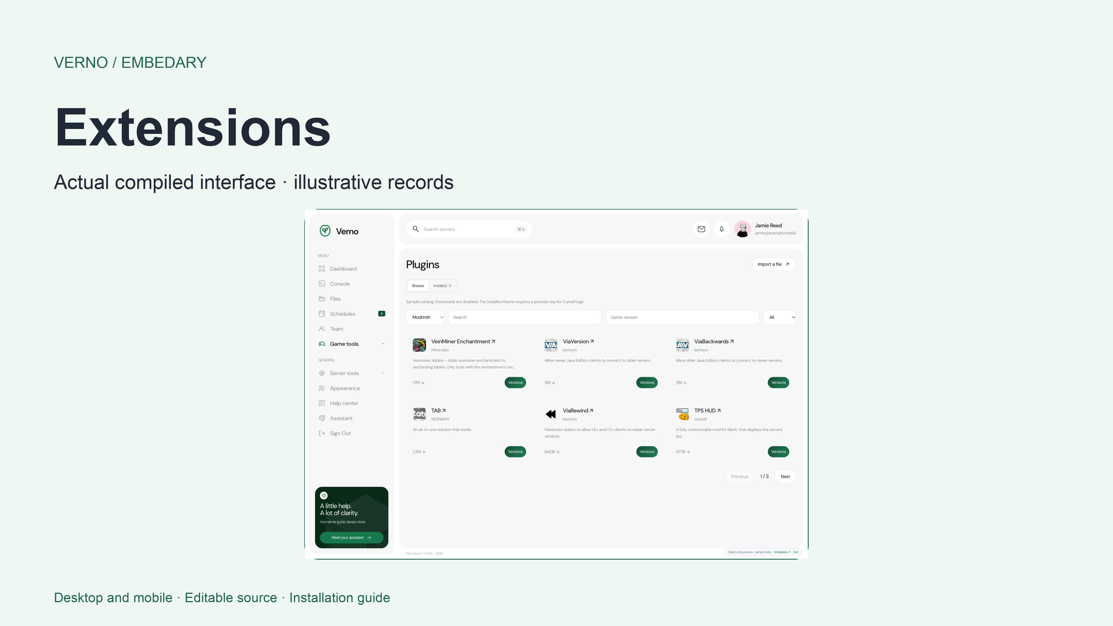 Verno extension catalog with project cards and release controls.