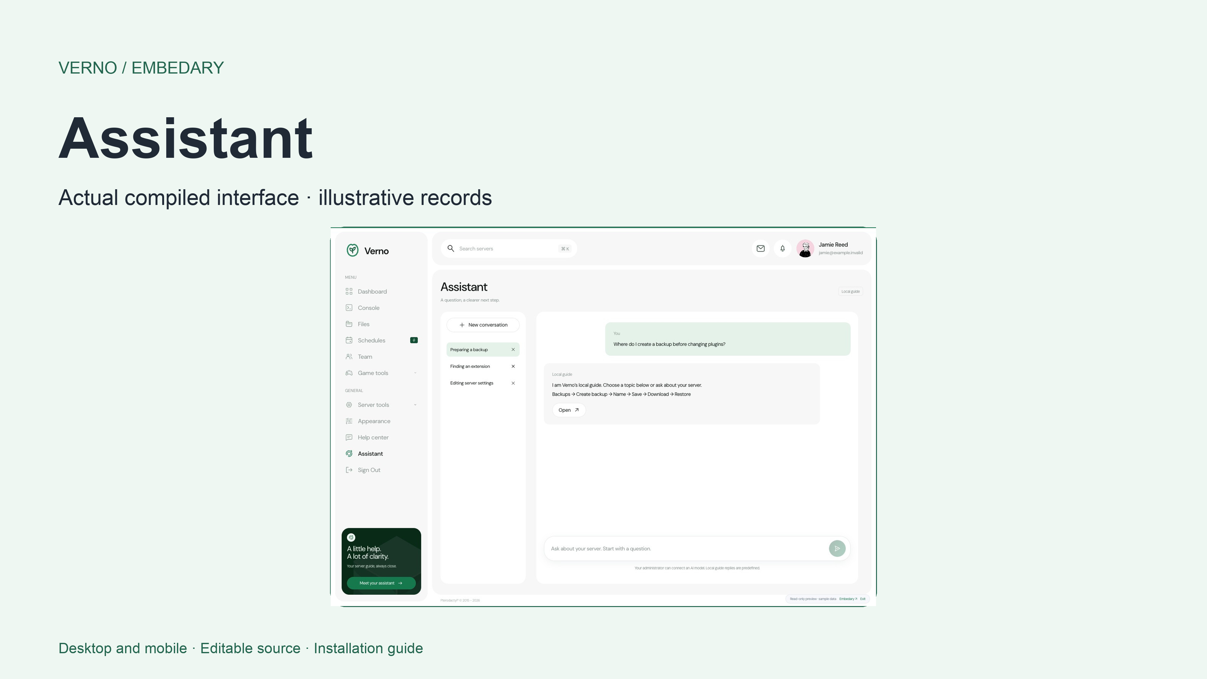 Verno assistant interface with private threads and a message composer.