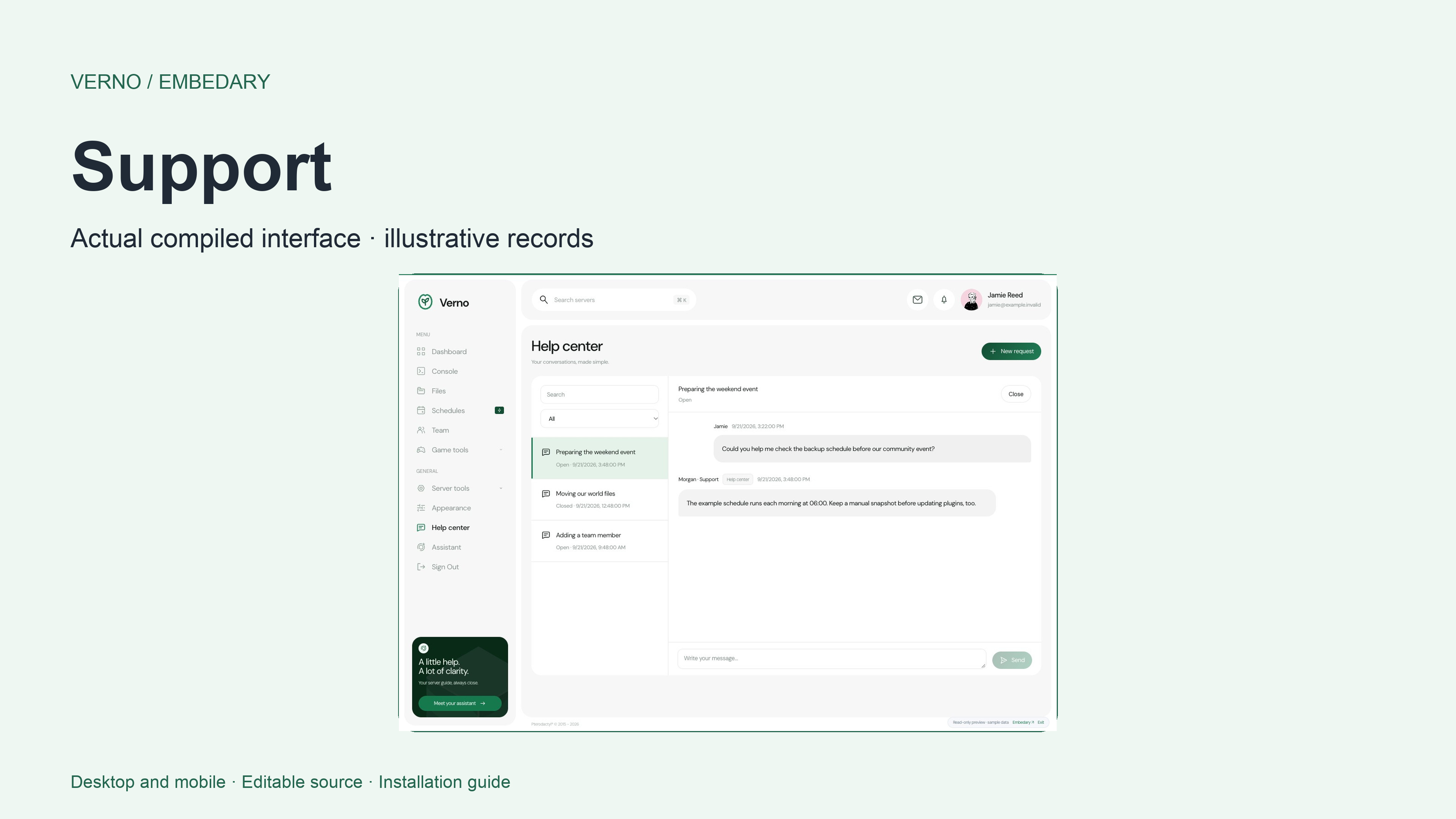 Verno server support desk with persistent conversations and staff replies.