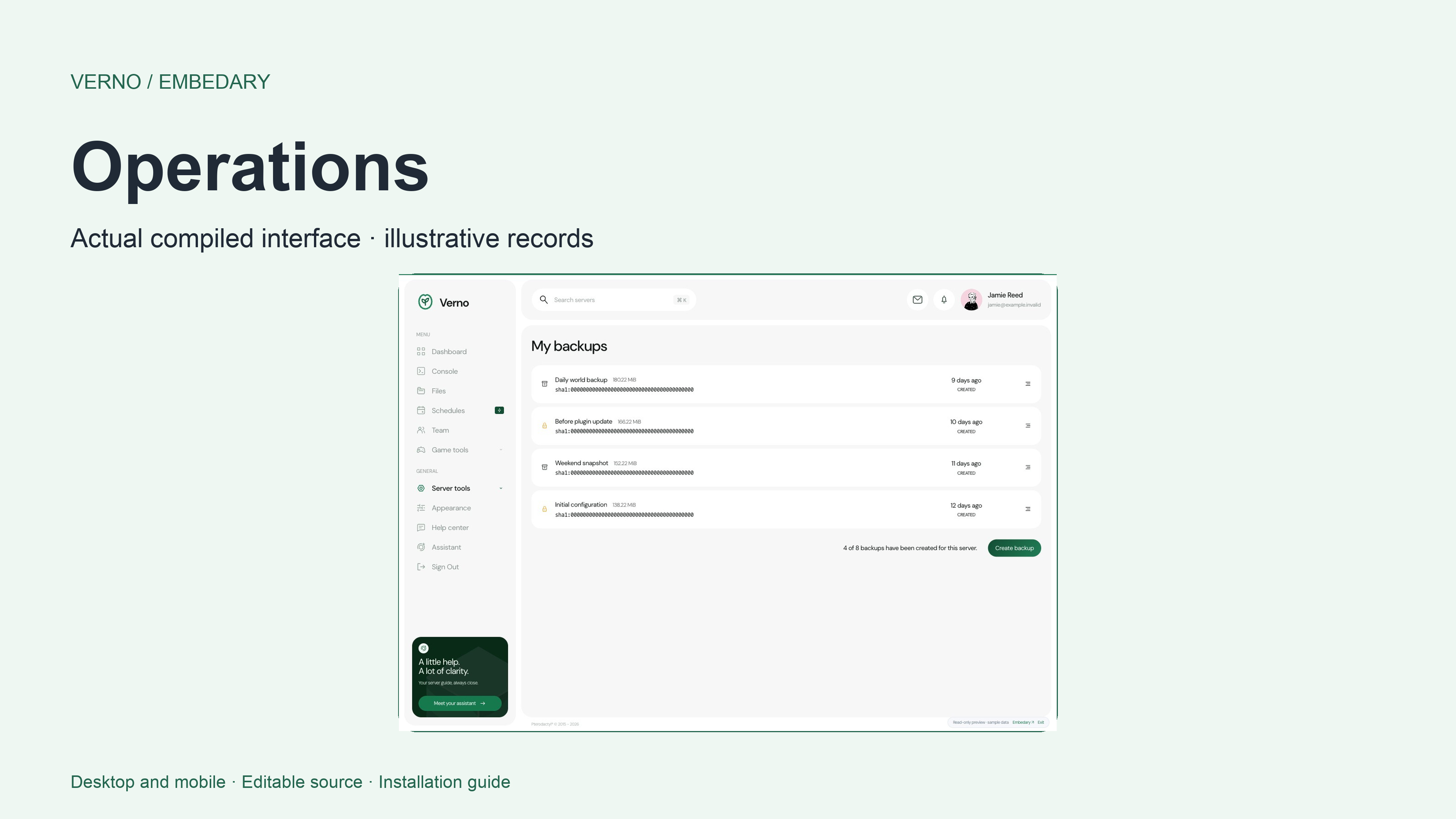 Verno backups and server activity views. Native quotas and permissions apply.
