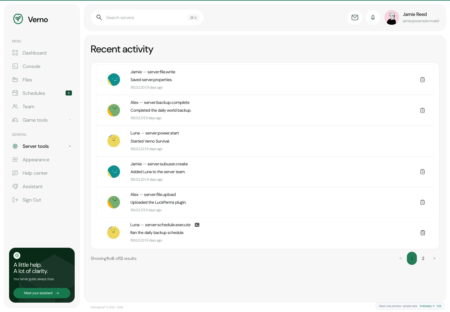 Verno — Server activity · sample data