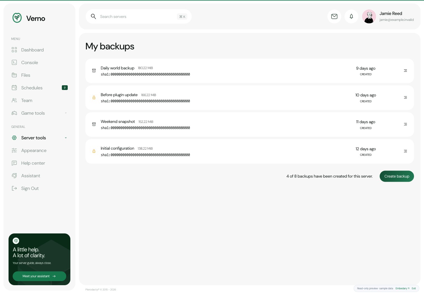 Verno — Backups · sample data