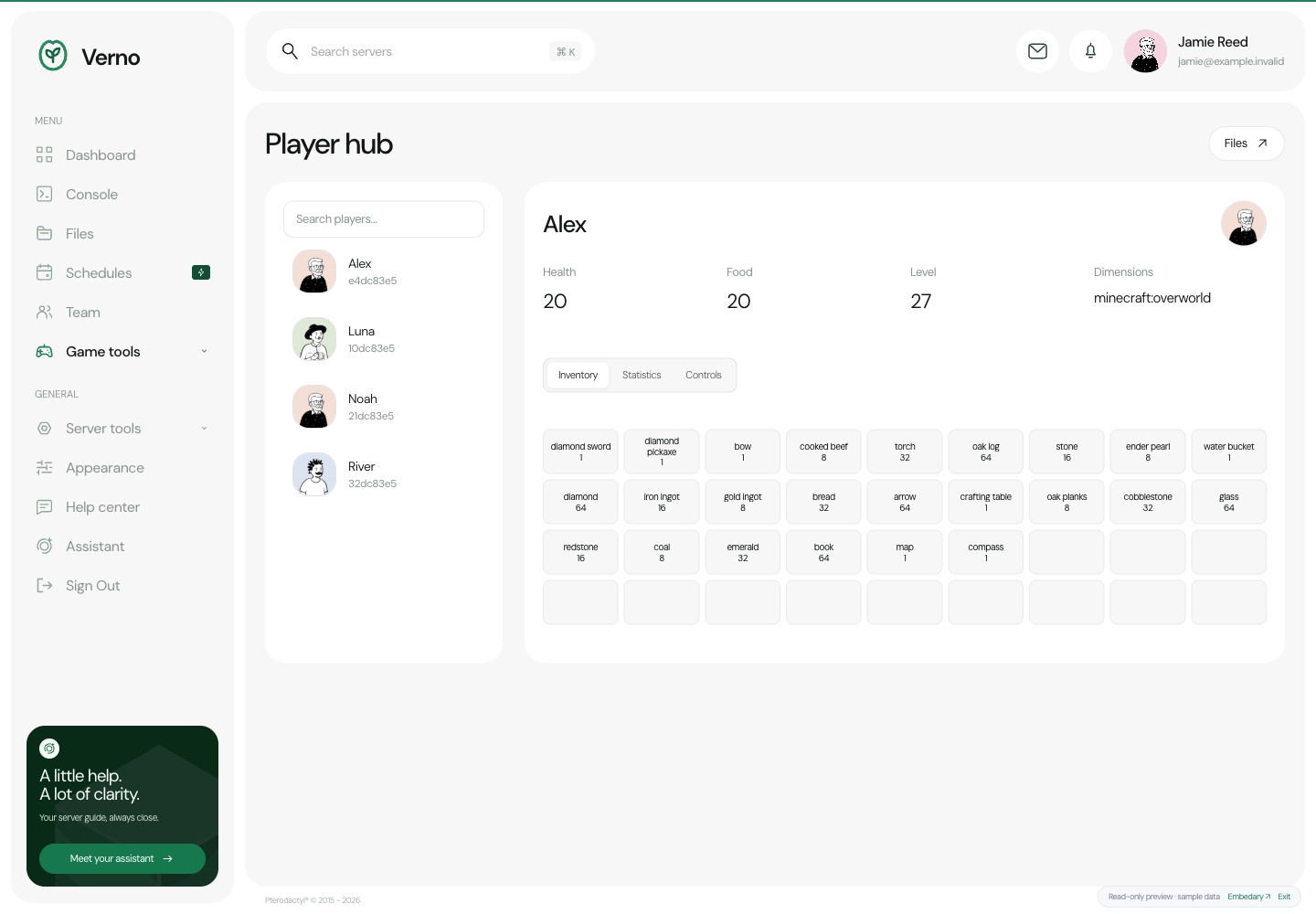 Verno — Player workspace · sample data