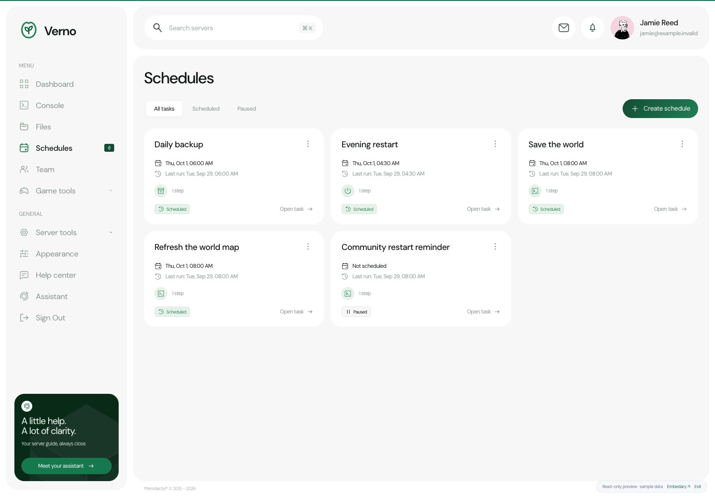 Verno — Scheduled tasks · sample data