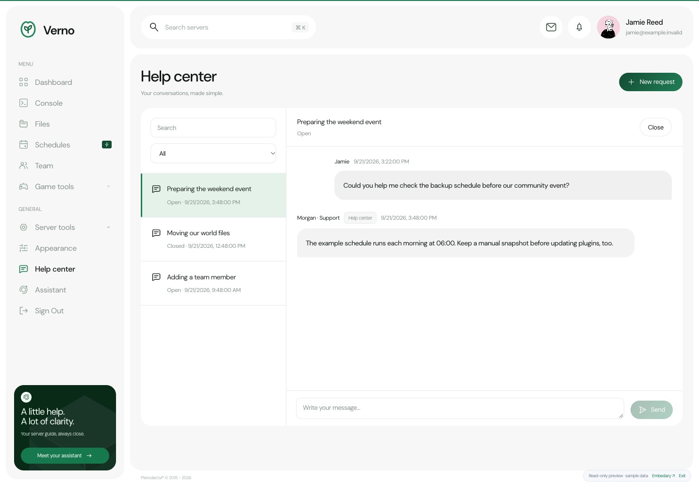 Verno — Support conversations · sample data